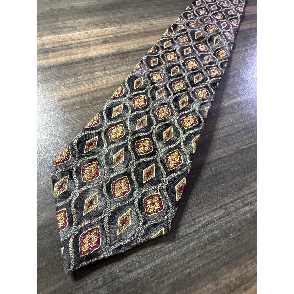 Pierre Balmain Couture Mens Silk Tie Grey Burgundy Gold Geometric Medallion